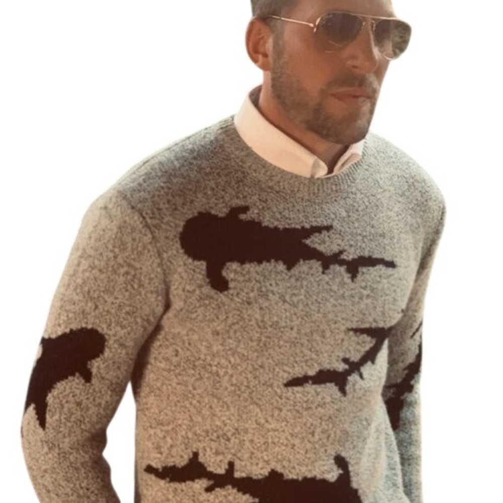 Alex Vinash New York Sweater Mens XL Gray Blue‎ Sharks Heavy Knit Crew Neck LS